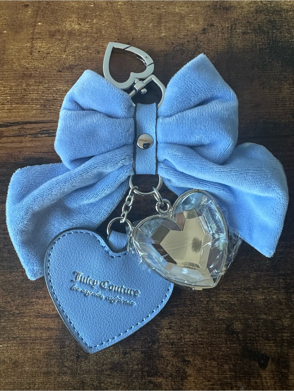 Juicy Couture Baby Blue Bow Bag Charm Keychain w/ Heart Tag & Crystal Charm NWOT